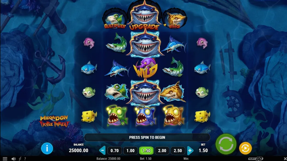 Tampilan layar permainan slot Megadon Triple Threat dengan latar belakang bawah laut yang gelap dan hiu predator.